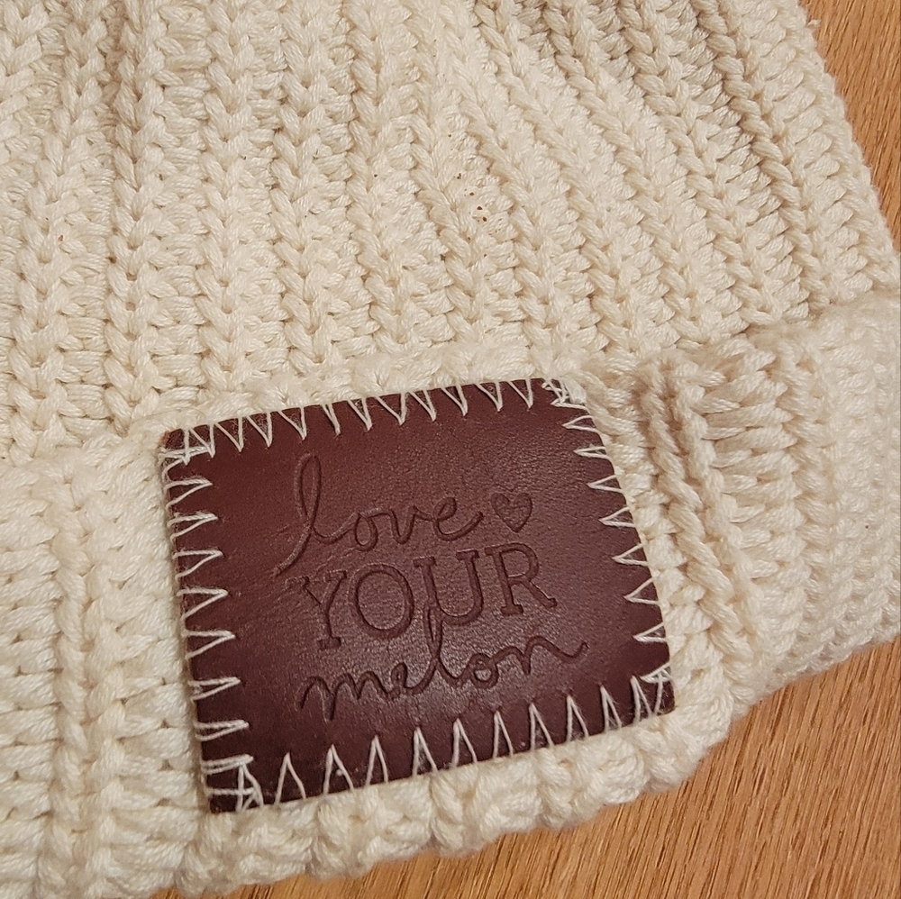 Slouchy Beanie Hat Ivory Leather Logo Chunky Knit LOVE YOUR MELON USA